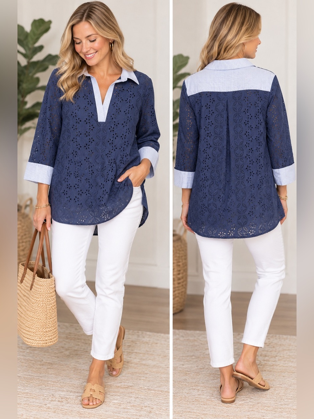 Vineyard Vines Navy Eyelet Tunic Top Detachable Cami Striped Collar Preppy XL
